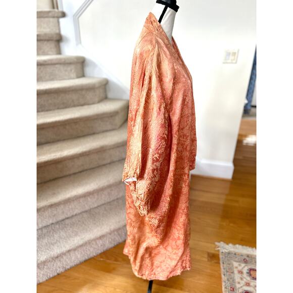 Vintage 60s Peach Orange Satin Chinoiserie Full Length Kimono Duster - Picture 4 of 9